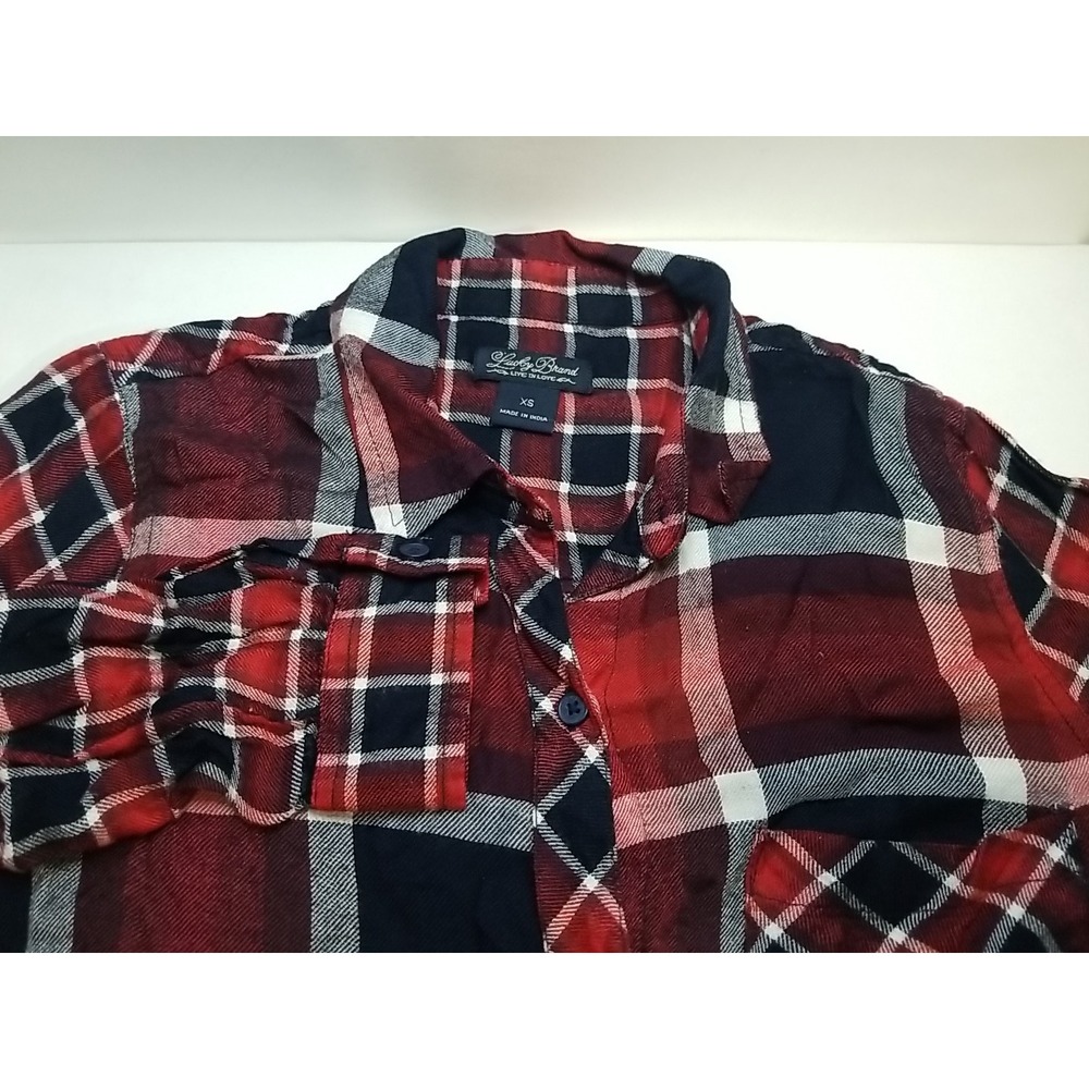 Lucky Brand Womens Flannel Shirt XS Black Red Plaid Long Sleeve Button Up